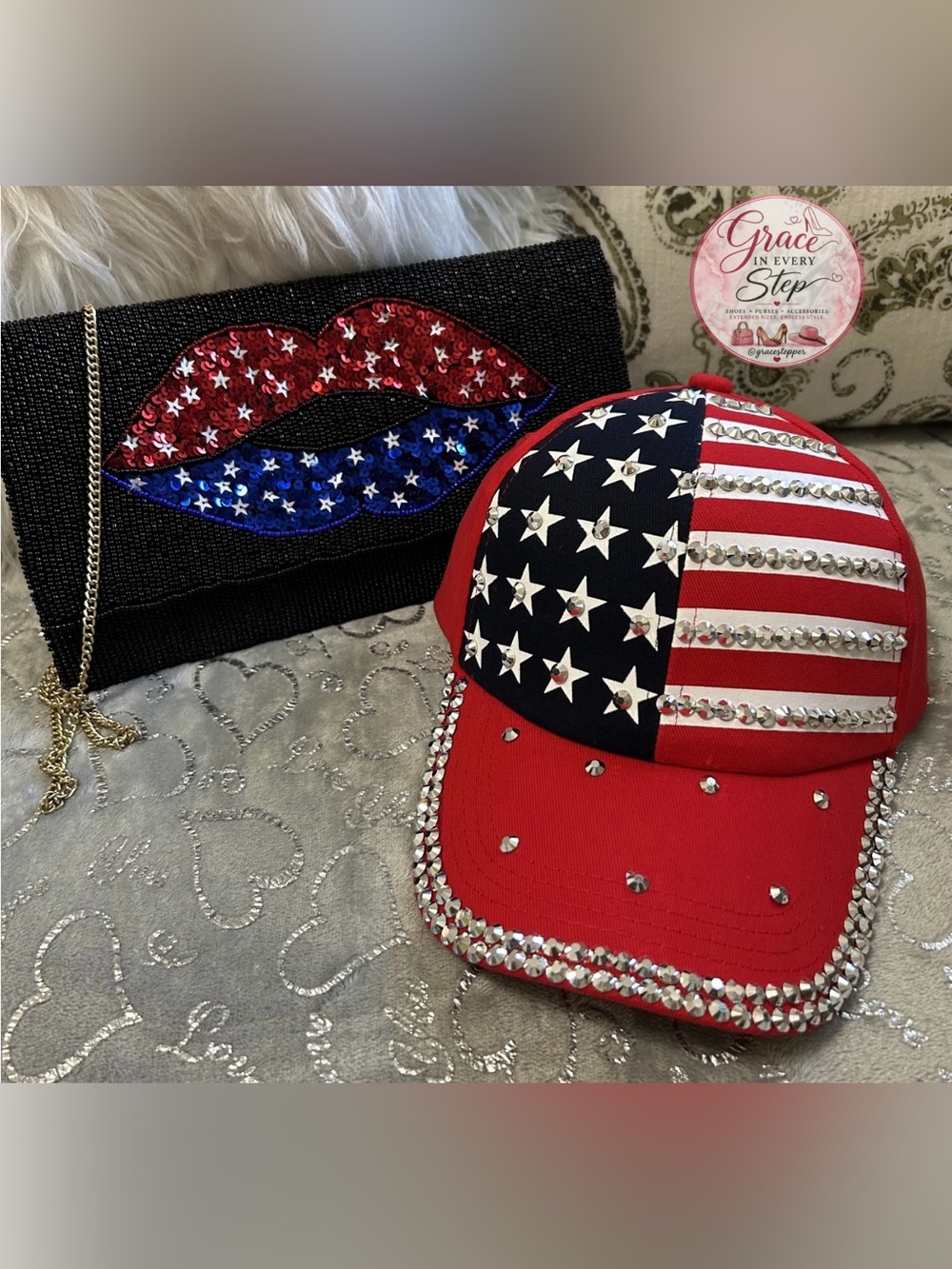 NWT Handbag Express Black Beaded Lips Bag & American Flag Red Baseball Cap